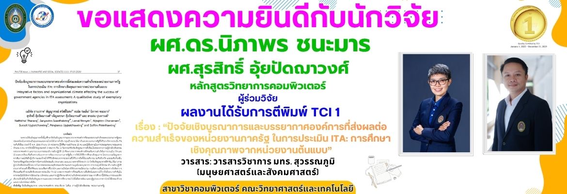 ขอแสดงความยินดีกับนักวิจัยผศ.ดร.นิภาพร ชนะมาร ผศ.สุรสิทธิ์ อุ้ยปัดฌาวงศ์อาจารย์หลักสูตรวิทยาการคอมพิวเตอร์ ผู้ร่วมวิจัย ผลงานได้รับการตีพิมพ์ TCI 1